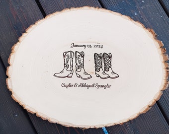 Cowboy Cowgirl Boots Design: Wood slice rustic theme wedding guest books. Personalized