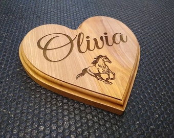 Engraved Personalized Wooden Heart Plaque with Horse.