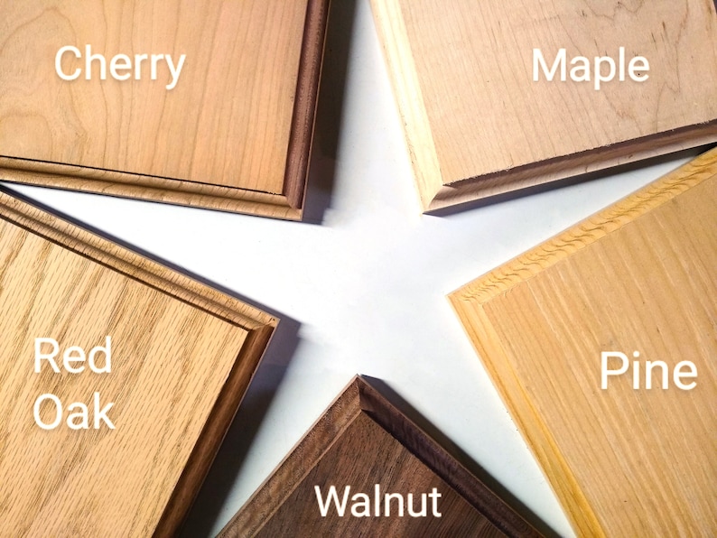 May include: Five wood samples, each with a different wood type labeled: Cherry, Maple, Red Oak, Walnut, and Pine.