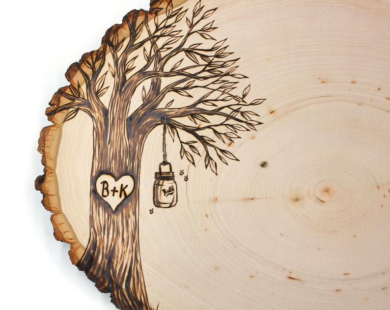 Country Mason Jar/Lantern Design: Wood slice rustic theme wedding guest books. Personalized image 2