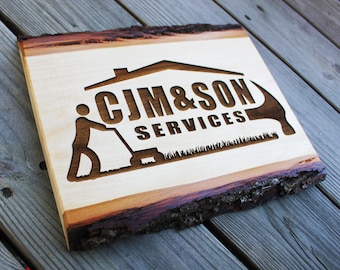 Business Sign - Custom engraved on live edge wood slab.