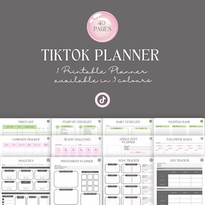 May include: A printable TikTok planner with over 40 pages, available in 3 colours. The planner includes sections for video lists, campaign tracking, analytics, start-up checklists, daily to-do lists, and more. The design features a pink and green colour scheme.