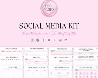 May include: A pink Social Media Kit with 220+ pages, including 4 printable planners and 50 story templates. The kit features layouts for tracking analytics, expenses, and to-do lists. Social media icons for Instagram, TikTok, Facebook, and others are included.