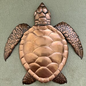 May include: A bronze-colored metal sea turtle wall art piece. The turtle has a detailed shell, head, and flippers. The metal has a shiny finish, and the piece is mounted on a green surface.