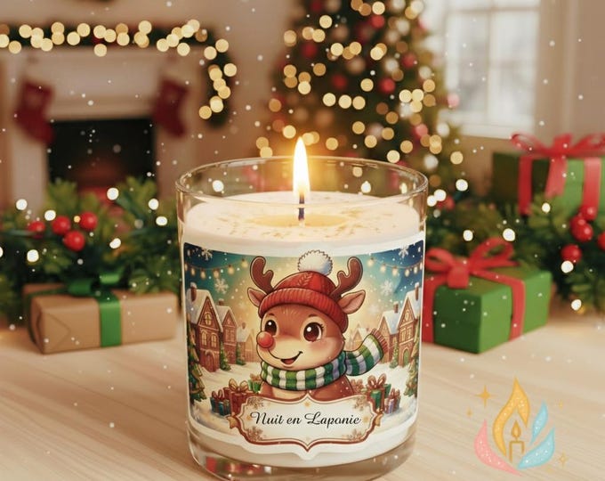 Handcrafted Christmas candle – Soy wax made in France, white nougat scent – Hand-painted René design – Unique Christmas gift