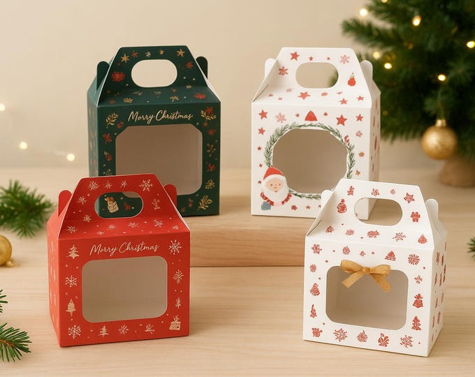 Christmas Gift Box with Handle – Large/Small Festive Gable Box (12×12×19 cm) – Individual Gift Packaging for Fondants, Jewelry