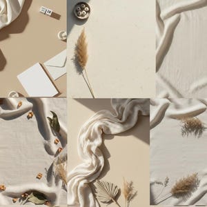 Puede incluir: Una composición de elementos en tonos neutros, dispuestos sobre una superficie beige. La imagen incluye tela doblada, plantas secas, un sobre blanco, un pequeño calendario y piedras decorativas en un cuenco. La composición crea una estética minimalista y natural.