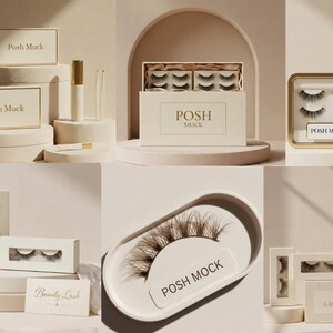 May include: A collection of false eyelashes and related beauty products. The image features several boxes and containers with the brand name "Posh Mock" and "Lash Luxe". The products are displayed on pedestals and include eyelash glue and applicators.