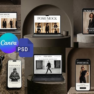 May include: A digital mockup set featuring multiple devices including laptops, tablets, and smartphones displaying the Posh Mock brand interface. The screens show various fashion-themed layouts with models in black clothing and the text Posh Mock.