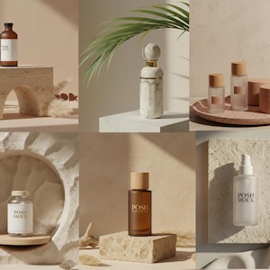 May include: A collage of beauty product mockups. Includes a brown bottle with a white label, a marble-patterned bottle, and various clear bottles and jars with wooden lids. The products are displayed on textured stone surfaces.