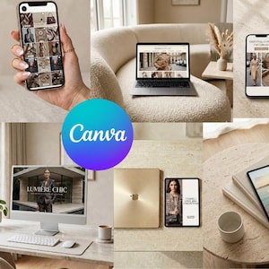 May include: A collage featuring a smartphone, laptop, and tablet displaying an e-commerce website. The devices showcase images of handbags and fashion items. The Canva logo is prominently displayed in the center of the image.