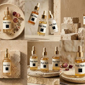 May include: A collection of clear glass dropper bottles with gold-colored caps and labels that read "Posh Mock". The bottles contain a golden liquid and are arranged on neutral-toned surfaces with dried flowers and stone blocks.