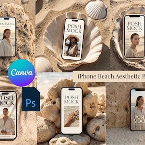 May include: An iPhone mockup bundle with beach aesthetic. The phones display the text "POSH MOCK" and images of women. The background includes sand, shells, and rocks. The Canva and Ps logos are also visible.