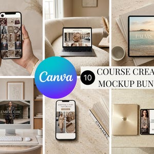 May include: A digital collection of 10 Canva course creator mockups featuring various electronic devices including smartphones, tablets, laptops, and desktop computers displaying diverse website layouts, fashion imagery, and the text PALMS.