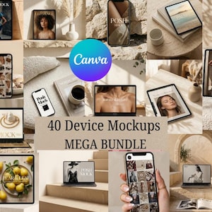 May include: A collage of various digital devices, including smartphones, tablets, and laptops, displaying mockups. The devices showcase different designs and images. The text "40 Device Mockups MEGA BUNDLE" is prominently displayed.