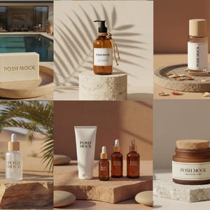 May include: A collection of beauty products, including a soap bar, a lotion bottle with a pump, a roller bottle, a tube, and several dropper bottles. The products are labeled "POSH MOCK" and are displayed on stone pedestals and a decorative tray.