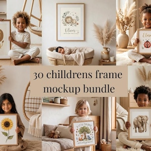 May include: A mockup bundle of 30 children's frames. The frames feature illustrations of a lion, a ladybug, a sunflower, an elephant, and a forest scene. The frames are displayed with children and in a nursery setting.