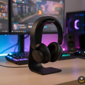 Könnte beinhalten: Schwarzer Over-Ear-Kopfhörer auf einem schwarzen Kopfhörerständer. Der Ständer steht auf einem Holztisch, im Hintergrund ein Computermonitor und eine Tastatur. Der Monitor zeigt ein Videospiel.
