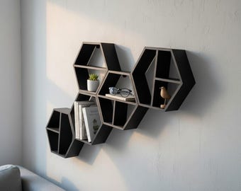 Mensola esagonale da parete, modulare, stampata in 3D – Decorazione da parete Japandi – Sistema a incastro – Assembla il tuo set – Bianco/Nero