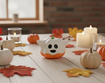May include: A white ghost-shaped figurine with a black face and an orange pumpkin base, surrounded by small white and orange decorative pumpkins, scattered autumn leaves, and several lit candles in glass holders on a light wooden surface.