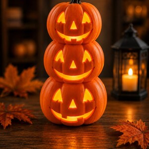 Könnte beinhalten: Ein vertikaler Stapel aus drei orangefarbenen Kürbissen, die als Jack-o'-Lanterns mit dreieckigen Augen und breiten, lächelnden Mündern geschnitzt sind. Jeder Kürbis leuchtet von innen und wirft einen warmen, goldenen Schein nach außen.