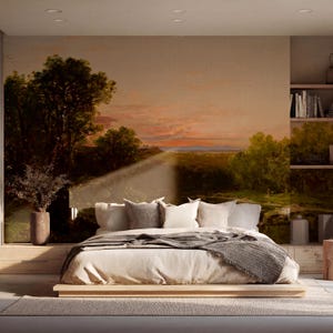 May include: A bedroom featuring a large bed with a light-colored duvet and pillows. The headboard is a mural of a landscape painting with a sunset. A wooden platform bed frame and a rug complete the scene.