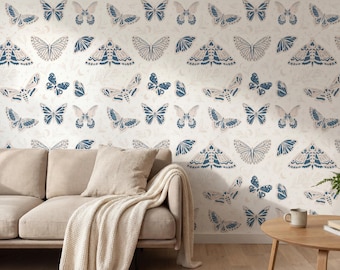 Moth Butterfly Wallpaper: Celestial Boho Pattern, Peel and Stick Wallcovering