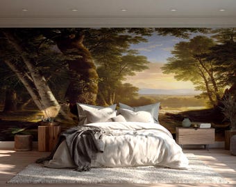 Forest Landscape Mural, Pastoral Woodland Scenery Wallpaper, Panoramic Nature Wallcovering, Peel & Stick