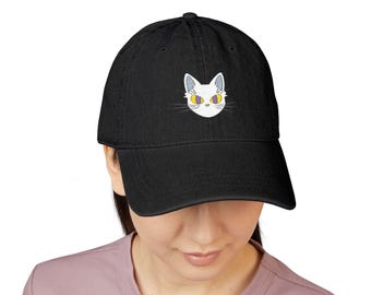 Embroidered Denim Cat Hat: Whimsical Stars Baseball Cap