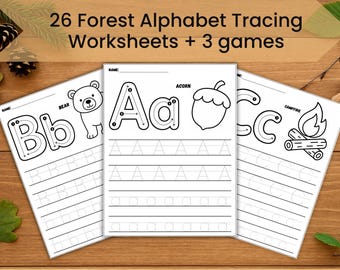 Forest Alphabet Tracing Worksheets + 3 Games (Printable PDF) | Alphabet Tracing Worksheets For Kids |  Handwriting Practice Kindergarten