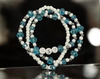 BSB Fan Bracelet Set: White Gold, Blue Glass Beaded Bracelets