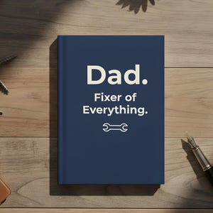 May include: A navy blue notebook with the text "Dad. Fixer of Everything." in white. A wrench icon is below the text. The notebook is on a wooden surface with a pen, screws, and a small succulent.