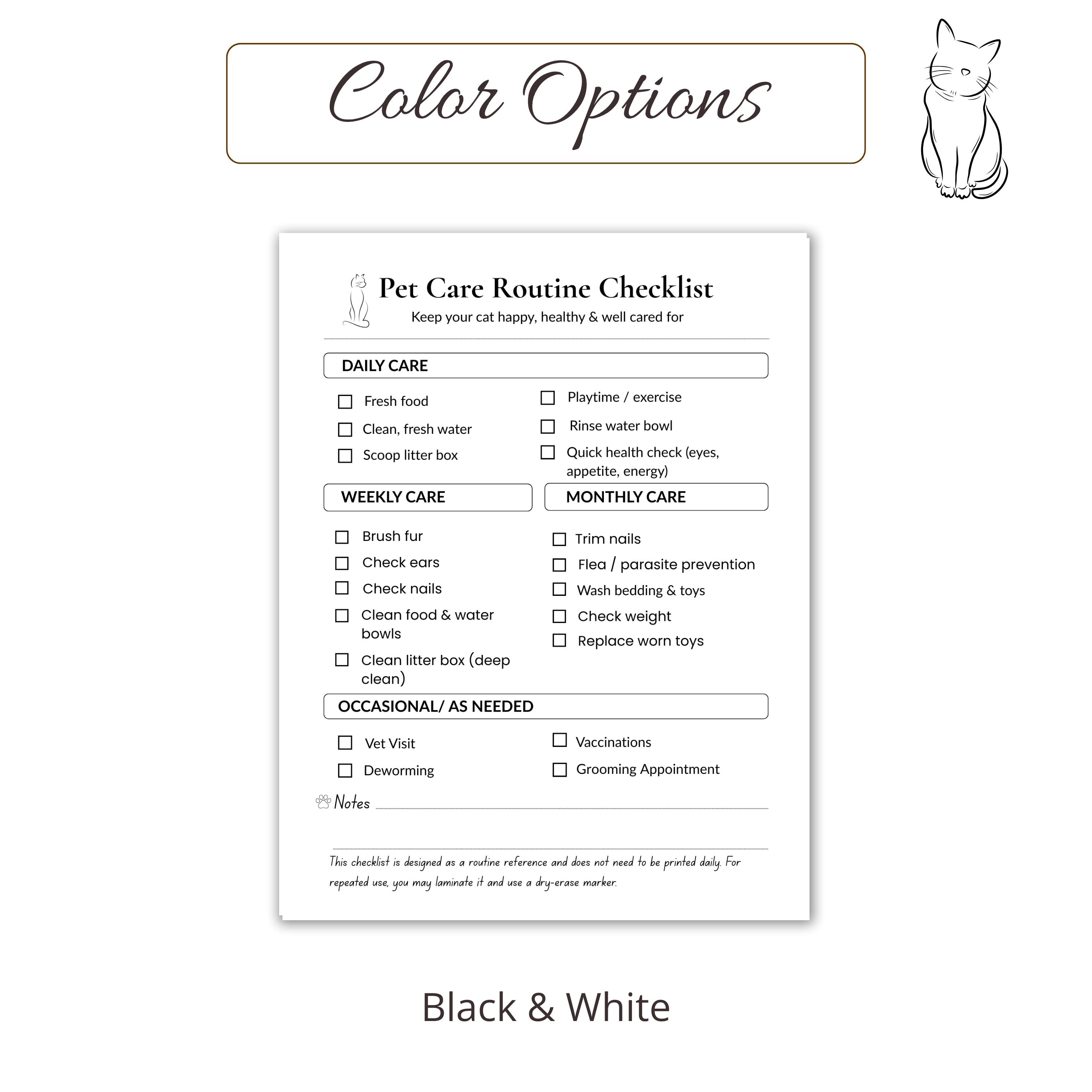 Printable Cat Care Routine Checklist, Cat Health Tracker for Daily ...