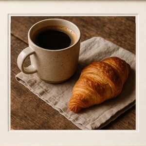Taza de café de cerámica con cruasán - Bodegón de cocina rústica y acogedora (Descarga digital)