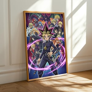 Könnte beinhalten: Ein gerahmtes Poster mit einer Gruppe von Anime-Charakteren. Die zentrale Figur ist ein junger Mann mit stacheligen blonden und lila Haaren, der eine dunkle Kleidung trägt. Der Hintergrund ist mit anderen Charakteren gefüllt, mit einem lila Energieeffekt.