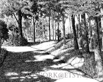 Dibujo a pluma y tinta de un camino rural, arte del bosque (descarga digital)