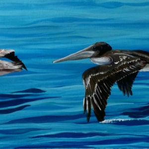 Pelican acrylic painting, tropical painting, tropical bird painting, acrylic bird art, pelicans flying, pelican art, florida pelican art
