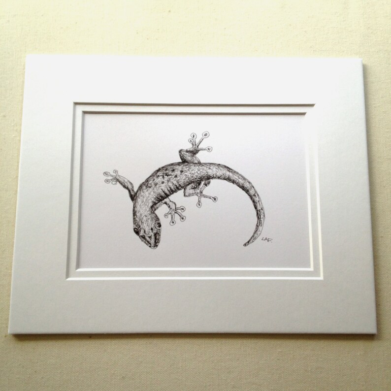 Original Gecko art, gecko prints,Original Drawing of a Playful lizard,gecko,anole in black pen and ink. salamander, reptile art image 1