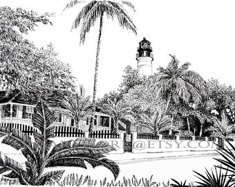 Downloadable key West Lighthouse,Key West Print, Pen and Ink lighthouse,black and white Florida art,lighthouse art,lighthouse prints,PDF