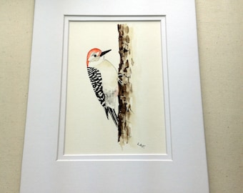 Woodpecker Watercolor Art. woodpecker Original watercolor, Red headed Woodpecker. 5x7", bird art,