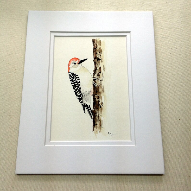 Woodpecker Watercolor Art. woodpecker Original watercolor, Red headed Woodpecker. 5x7, bird art, image 1