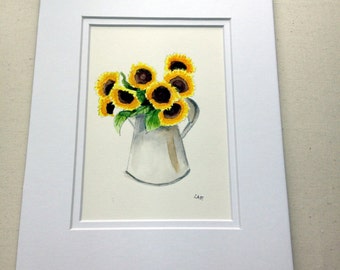 Sunflower art, Original watercolor of  sunflowers.  5" x 7" -  Bouquet of Sunflowers, yellow flowers, floral. Country flowers, Country art