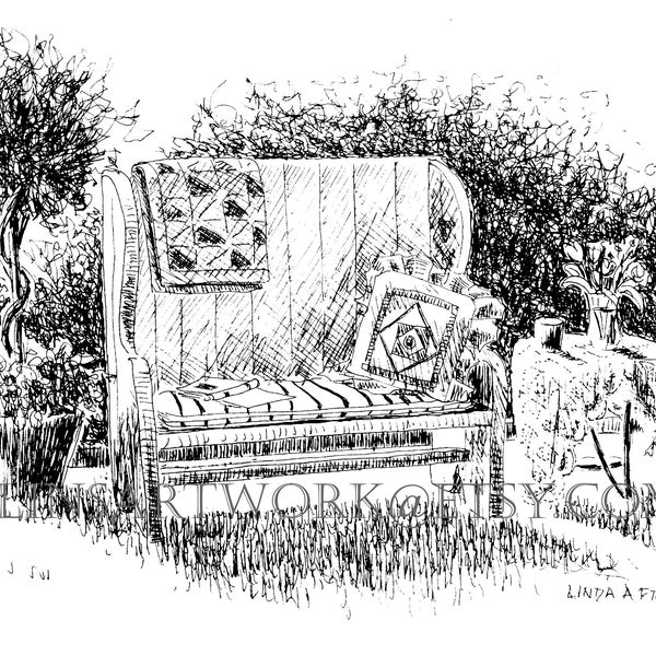 Downloadable Country Bench art, Pen and Ink drawing, country bench art, country bench digital prints, black and white art, rustic art