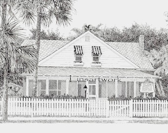 Palm Cottage Print, Downloadable art, Pen and Ink Drawing of a Palm Cottage in Naples Fl . black and white, Historical Home