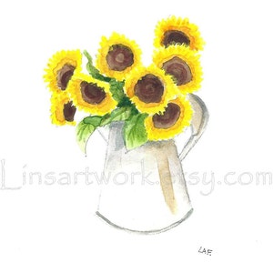 Sunflower art, Original watercolor of sunflowers. 5 x 7 Bouquet of Sunflowers, yellow flowers, floral. Country flowers, Country art image 2