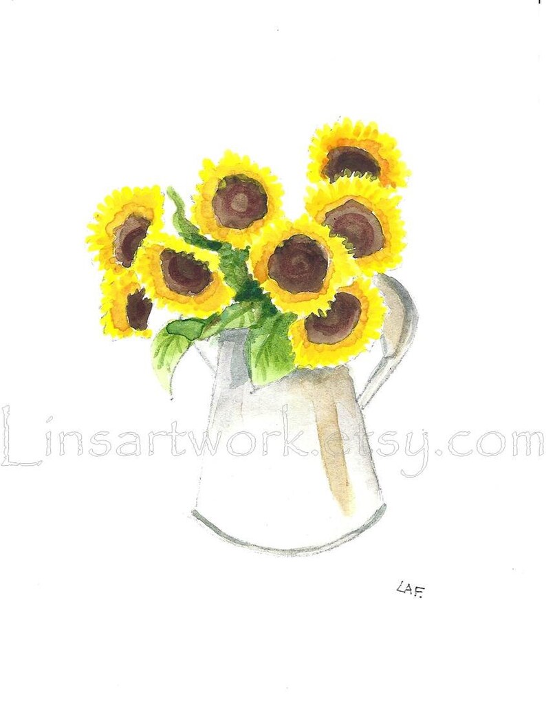 Sunflower art, Original watercolor of sunflowers. 5 x 7 Bouquet of Sunflowers, yellow flowers, floral. Country flowers, Country art image 2