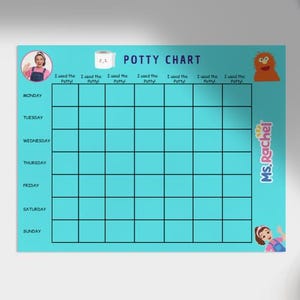 May include: A teal potty chart with the text "POTTY CHART" and the days of the week listed. The chart has a grid for tracking. The chart includes cartoon images of a person and a character. The text "Ms. Rachel" is also on the chart.
