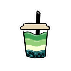 May include: A sticker featuring a cartoon illustration of a bubble tea drink. The drink has layers of green and cream-colored liquid with dark blue tapioca pearls at the bottom. A black straw extends from the top of the cup.