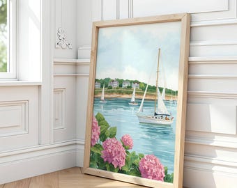 Sailboats and Hydrangeas Coastal Print: Pastel Beach House Decor (Digital Download)
