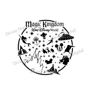 Può includere: Grafica circolare in bianco e nero con le parole "Magic Kingdom Walt Disney World". Il design include personaggi e attrazioni iconiche Disney come Topolino, una sirena e un razzo.